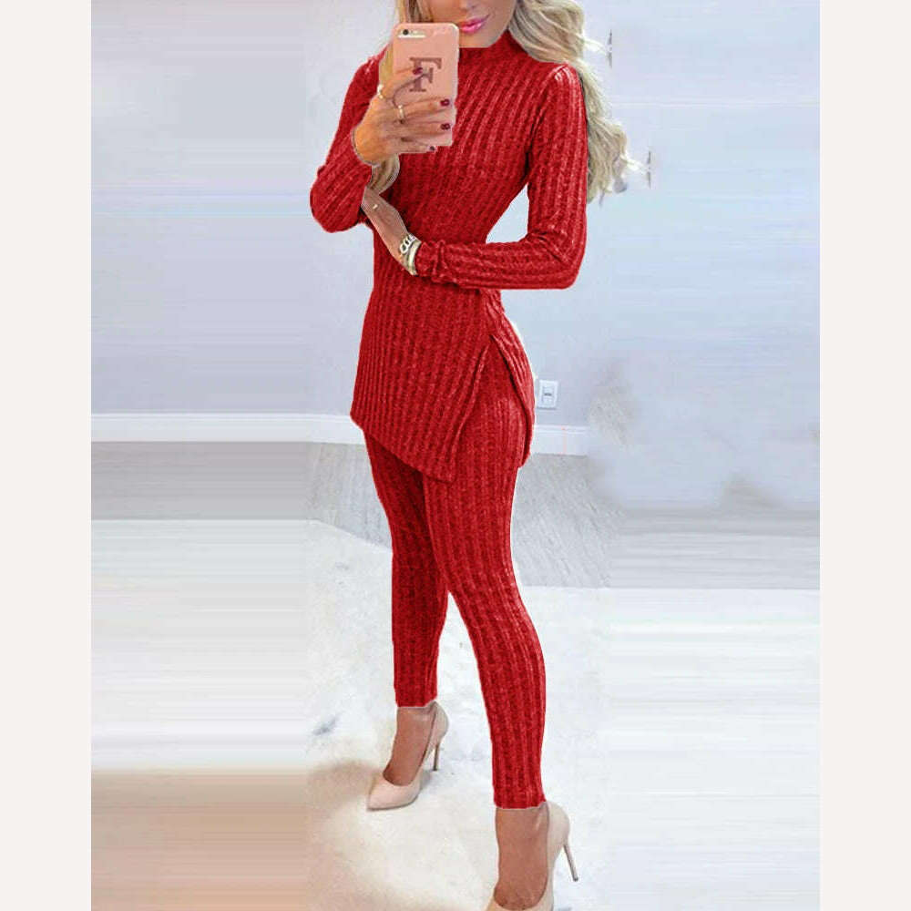 KIMLUD, 2021 Fall Winter Knitted 2 Piece Suits Women Long Sleeve Ribbed Slit Long Top and High Waist Pencil Pants Set Fashion Outfit, KIMLUD Womens Clothes