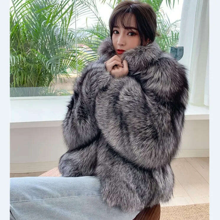 KIMLUD, 2021 High Quality Ladies Luxury Full Pelt Warm Jacket Natural Real Silver Red Fox Fur Coat Women Winter Thickening Overcoat, Gray / M, KIMLUD Womens Clothes
