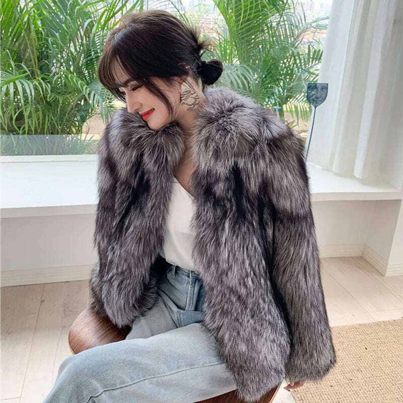 KIMLUD, 2021 High Quality Ladies Luxury Full Pelt Warm Jacket Natural Real Silver Red Fox Fur Coat Women Winter Thickening Overcoat, KIMLUD Womens Clothes