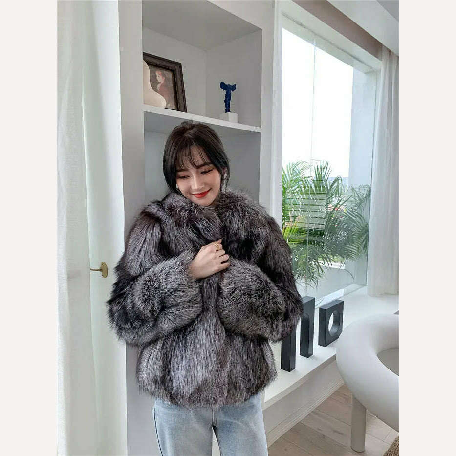 KIMLUD, 2021 High Quality Ladies Luxury Full Pelt Warm Jacket Natural Real Silver Red Fox Fur Coat Women Winter Thickening Overcoat, KIMLUD Womens Clothes