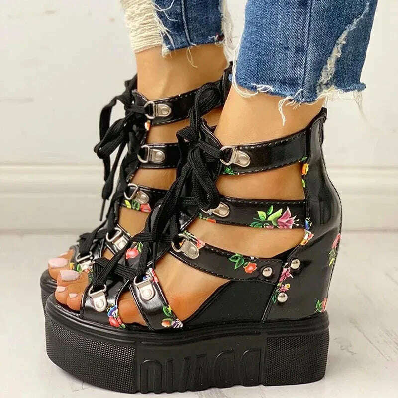 KIMLUD, 2021 Hot Sale Women's New Summer Sandals Floral Wedge High Heels Cross Straps Lace-up Increase 12cm Fashion Casual Shoes Ladies, black / 35, KIMLUD Womens Clothes