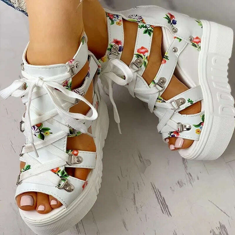 KIMLUD, 2021 Hot Sale Women's New Summer Sandals Floral Wedge High Heels Cross Straps Lace-up Increase 12cm Fashion Casual Shoes Ladies, KIMLUD Womens Clothes