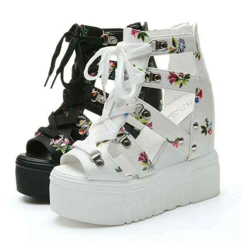 KIMLUD, 2021 Hot Sale Women's New Summer Sandals Floral Wedge High Heels Cross Straps Lace-up Increase 12cm Fashion Casual Shoes Ladies, KIMLUD Womens Clothes