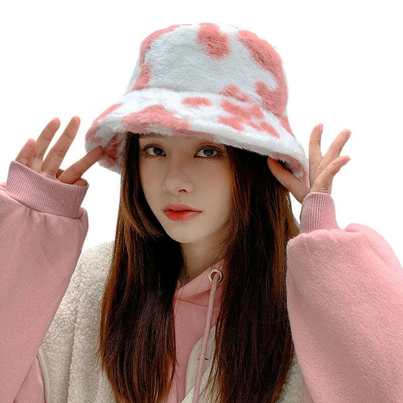 KIMLUD, 2021 New Fashion Korean Pink Cow Print Bucket Hat Faux Fur Winter Hats For Women Warm Plush Fisherman Caps, KIMLUD Women's Clothes
