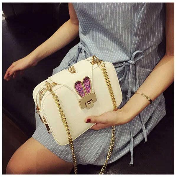 KIMLUD, 2021 New Female single shoulder casual bag 3 compartments style Fashion rabbit ears sculpt Oblique span bag chain flap bag, KIMLUD Womens Clothes