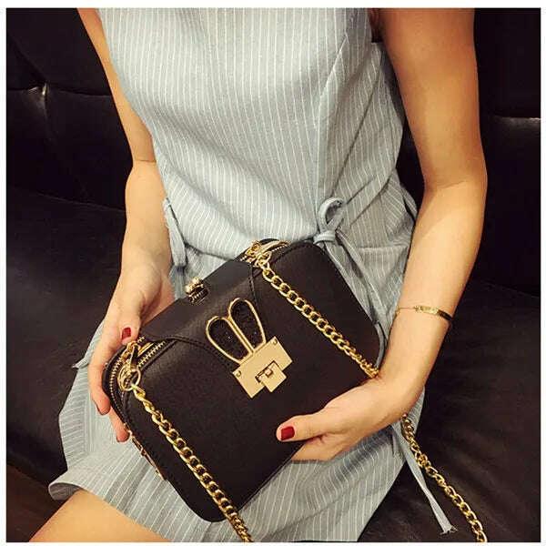 KIMLUD, 2021 New Female single shoulder casual bag 3 compartments style Fashion rabbit ears sculpt Oblique span bag chain flap bag, KIMLUD Womens Clothes