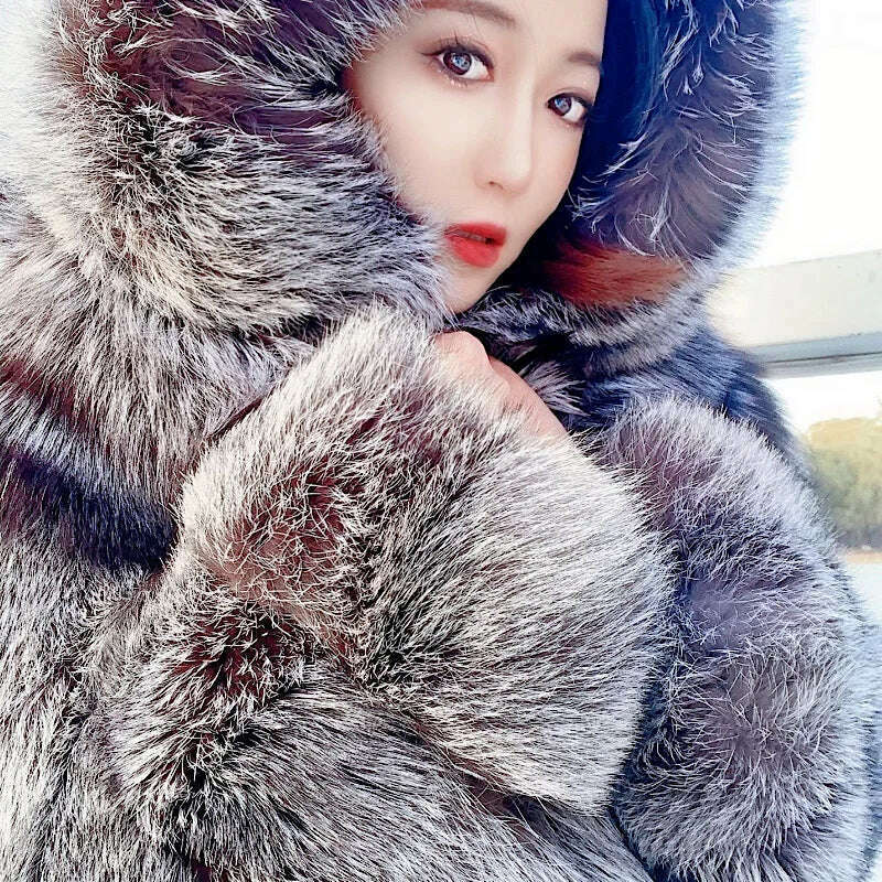 KIMLUD, 2021 New Luxury Silver Fox Fur Hooded Coats Women Winter Warm Outerwear High Quality Genuine Fox Fur Thick Fur Coat, KIMLUD Women's Clothes