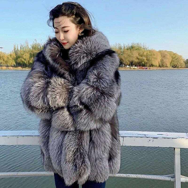 KIMLUD, 2021 New Luxury Silver Fox Fur Hooded Coats Women Winter Warm Outerwear High Quality Genuine Fox Fur Thick Fur Coat, KIMLUD Womens Clothes