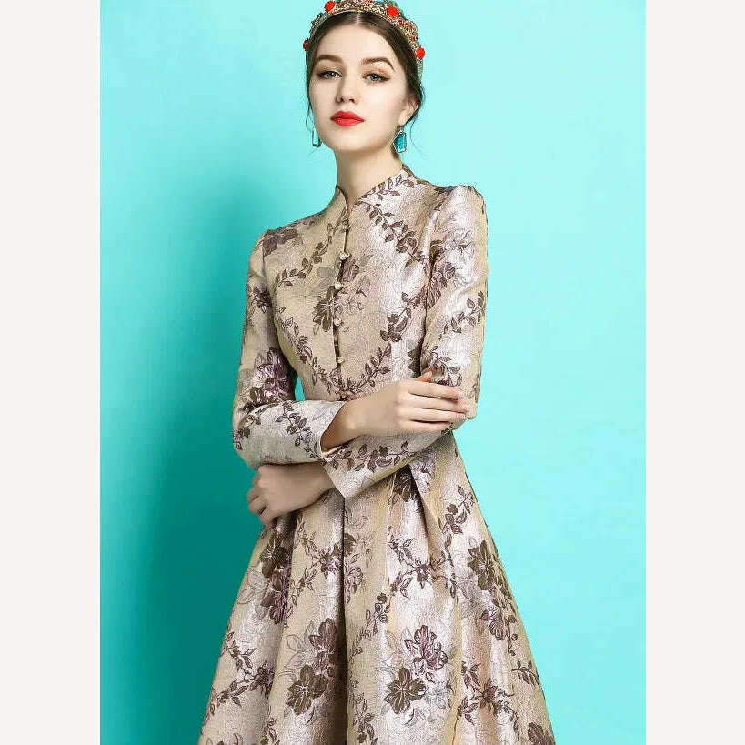 KIMLUD, 2021 New Spring and Autumn Ladies Retro Stand Collar Jacquard Dress Big Pendulum Super Long Luxury Celebrity Maxi Party Dresses, KIMLUD Women's Clothes