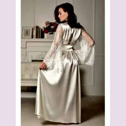2021 Sexy Lingerie Women Silk Lace Long Robe Dress Pajamas Nightdress Nightgown Sleepwear - KIMLUD