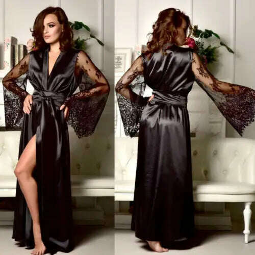 2021 Sexy Lingerie Women Silk Lace Long Robe Dress Pajamas Nightdress Nightgown Sleepwear - KIMLUD
