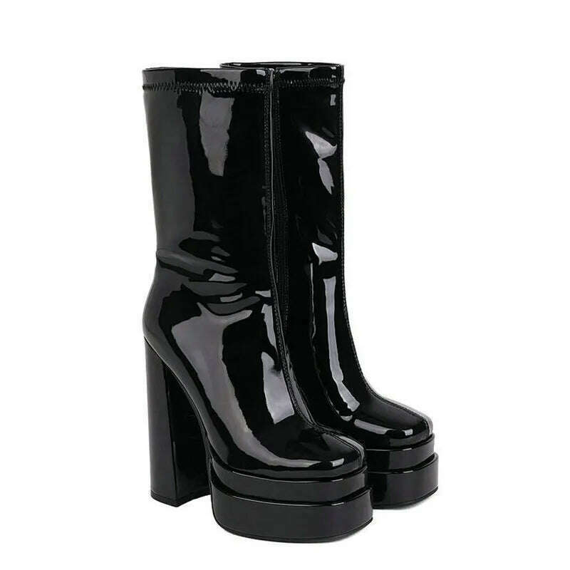 KIMLUD, 2021 Women Ankle Boots Platform Thick High Heel Ladies Motorcycle Boots Patent PU Leather Zipper Square Toe Women's Boots Black, KIMLUD Women's Clothes