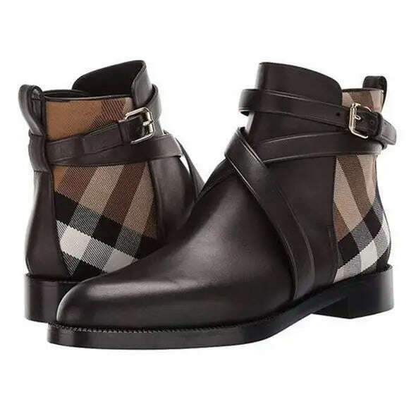 KIMLUD, 2021 Women Pu Leather Boots Buckle Design Plaid Ankle High Fashion Boots Casual Top Quality Low Heel Assorted Male Boots, KIMLUD Womens Clothes
