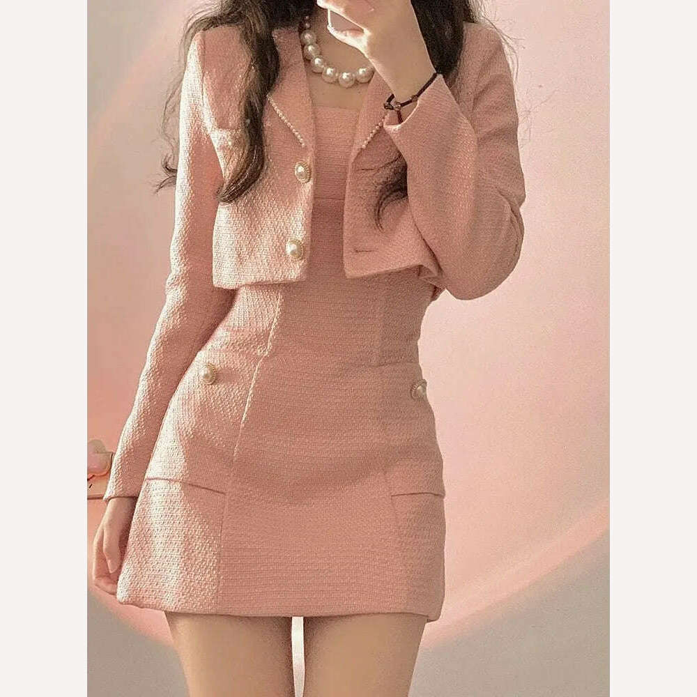 KIMLUD, 2022 Autumn Pink Elegant Two Piece Set Women Korean Style Balzer Coat+Strap Mini Dress Set Female Solid Casual Slim Designer Set, KIMLUD Women's Clothes