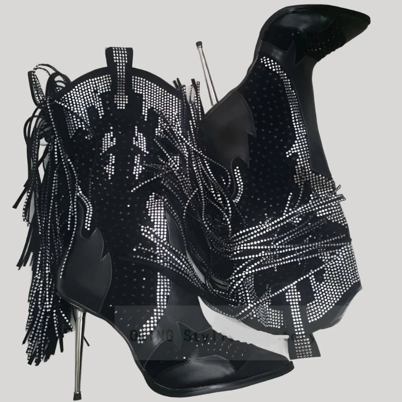 KIMLUD, 2022 Autumn Winter Women Fringed Ankle Boots Sexy Pointy Toe Iron Stiletto Heels Leather Boots Western Cowgirl Botas De Mujer, Sliver Heels / 35, KIMLUD Womens Clothes