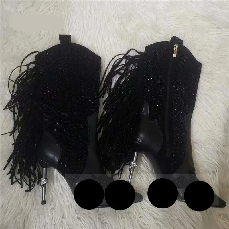 KIMLUD, 2022 Autumn Winter Women Fringed Ankle Boots Sexy Pointy Toe Iron Stiletto Heels Leather Boots Western Cowgirl Botas De Mujer, Black Skull Heels 1 / 35, KIMLUD Womens Clothes