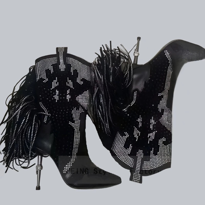 KIMLUD, 2022 Autumn Winter Women Fringed Ankle Boots Sexy Pointy Toe Iron Stiletto Heels Leather Boots Western Cowgirl Botas De Mujer, Black Skull Heels / 35, KIMLUD Womens Clothes