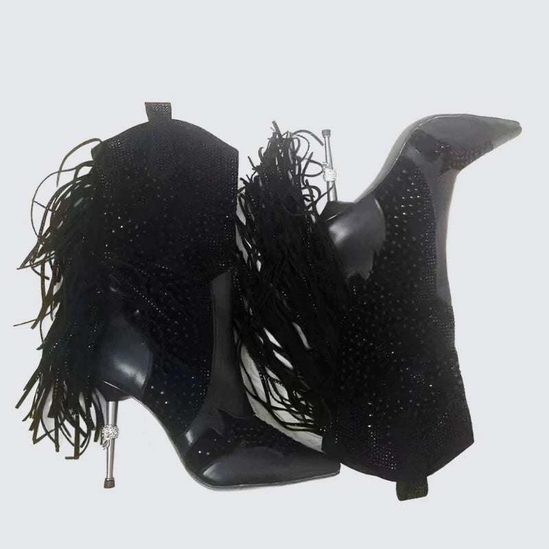 KIMLUD, 2022 Autumn Winter Women Fringed Ankle Boots Sexy Pointy Toe Iron Stiletto Heels Leather Boots Western Cowgirl Botas De Mujer, Sliver Skull Heels 1 / 35, KIMLUD Womens Clothes
