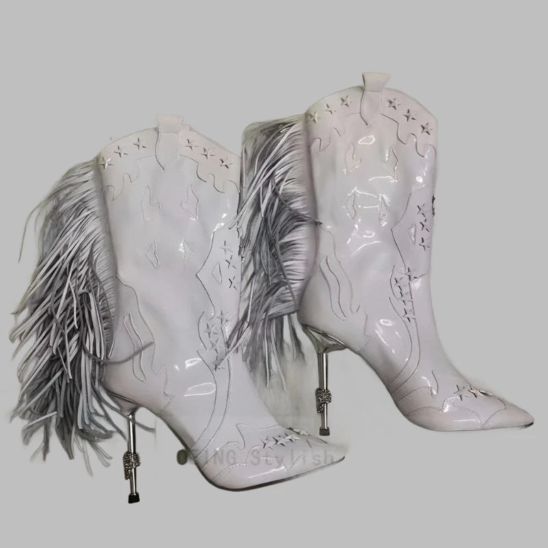 KIMLUD, 2022 Autumn Winter Women Fringed Ankle Boots Sexy Pointy Toe Iron Stiletto Heels Leather Boots Western Cowgirl Botas De Mujer, White Star / 35, KIMLUD Womens Clothes