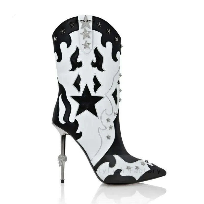 KIMLUD, 2022 Autumn Winter Women Fringed Ankle Boots Sexy Pointy Toe Iron Stiletto Heels Leather Boots Western Cowgirl Botas De Mujer, Black Star / 35, KIMLUD Womens Clothes