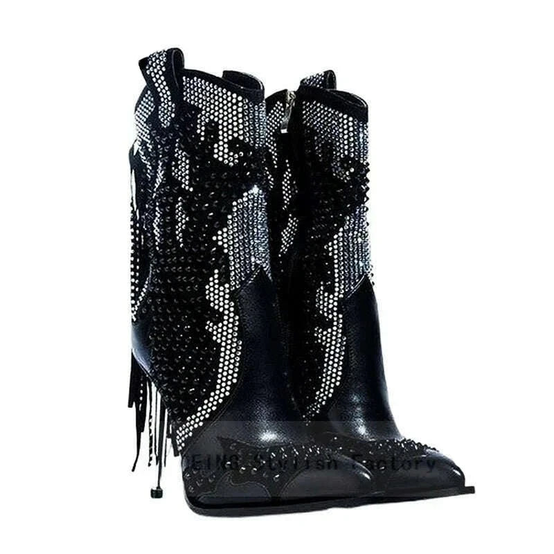 KIMLUD, 2022 Autumn Winter Women Fringed Ankle Boots Sexy Pointy Toe Iron Stiletto Heels Leather Boots Western Cowgirl Botas De Mujer, KIMLUD Womens Clothes