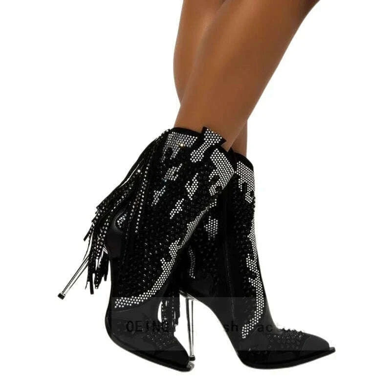 KIMLUD, 2022 Autumn Winter Women Fringed Ankle Boots Sexy Pointy Toe Iron Stiletto Heels Leather Boots Western Cowgirl Botas De Mujer, KIMLUD Womens Clothes