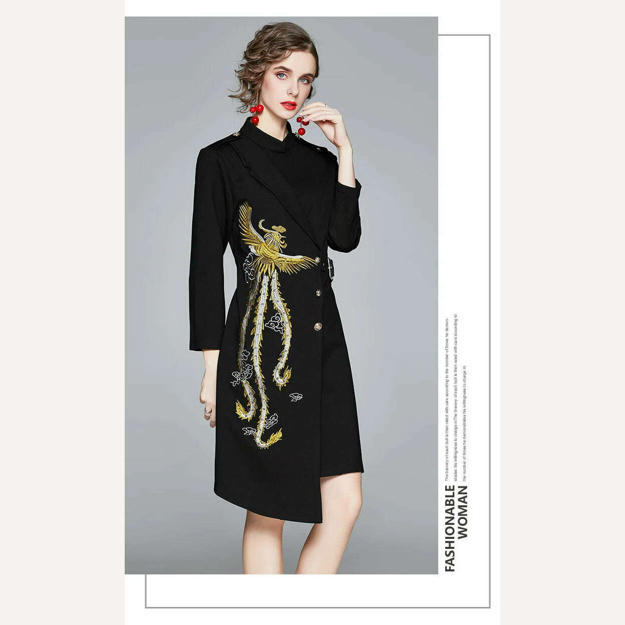 2022 Autumn Winter Women Long Sleeve Stand Collar Epaulettes Embroidered Phoenix Single-Breasted Lace Up Black Asymmetry Dress - KIMLUD