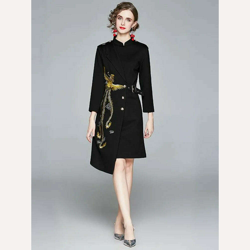 2022 Autumn Winter Women Long Sleeve Stand Collar Epaulettes Embroidered Phoenix Single-Breasted Lace Up Black Asymmetry Dress - KIMLUD