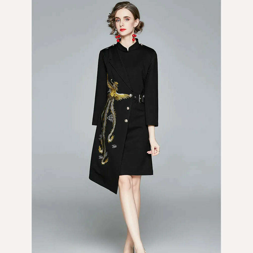 2022 Autumn Winter Women Long Sleeve Stand Collar Epaulettes Embroidered Phoenix Single-Breasted Lace Up Black Asymmetry Dress - KIMLUD