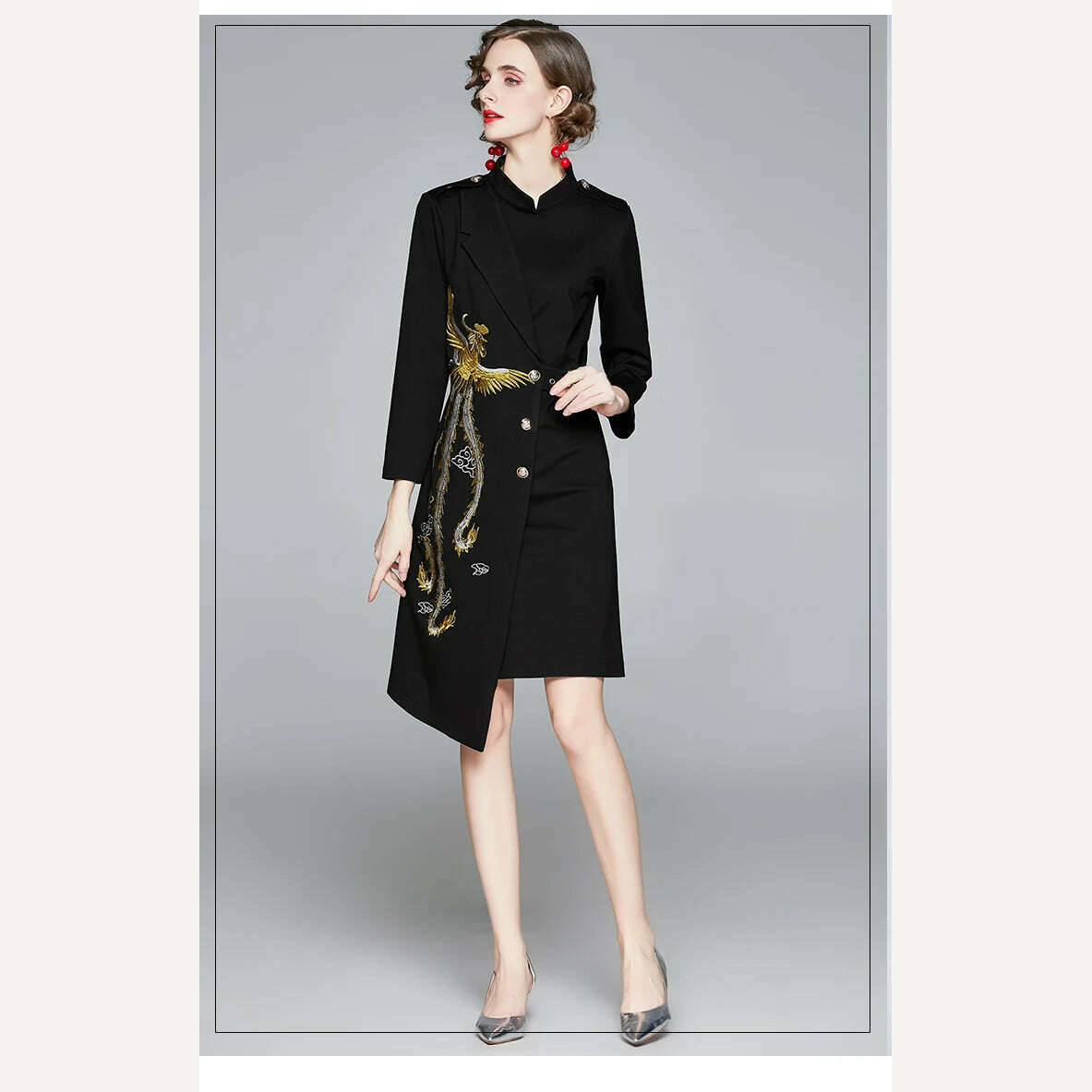 2022 Autumn Winter Women Long Sleeve Stand Collar Epaulettes Embroidered Phoenix Single-Breasted Lace Up Black Asymmetry Dress - KIMLUD