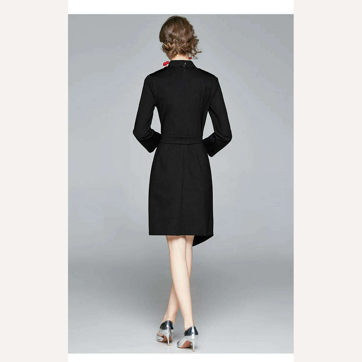 2022 Autumn Winter Women Long Sleeve Stand Collar Epaulettes Embroidered Phoenix Single-Breasted Lace Up Black Asymmetry Dress - KIMLUD