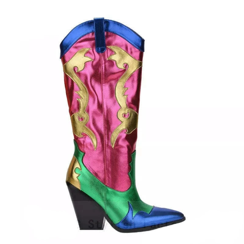 KIMLUD, 2022 Fall Winter Women Patchwork Boots Shiny Metallic Leather Knee High Boots Pointy Toe Western Cowboy Boots Zapatos De Mujer, color 03 / 35, KIMLUD Womens Clothes