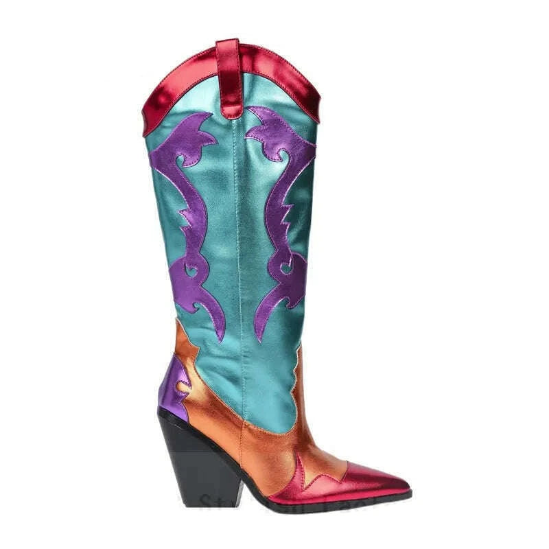 KIMLUD, 2022 Fall Winter Women Patchwork Boots Shiny Metallic Leather Knee High Boots Pointy Toe Western Cowboy Boots Zapatos De Mujer, color 02 / 35, KIMLUD Womens Clothes