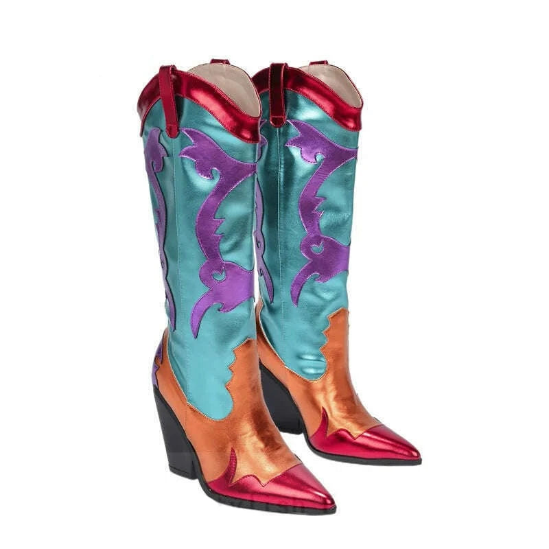 KIMLUD, 2022 Fall Winter Women Patchwork Boots Shiny Metallic Leather Knee High Boots Pointy Toe Western Cowboy Boots Zapatos De Mujer, KIMLUD Womens Clothes