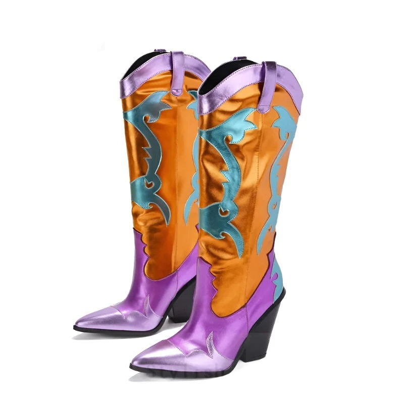 KIMLUD, 2022 Fall Winter Women Patchwork Boots Shiny Metallic Leather Knee High Boots Pointy Toe Western Cowboy Boots Zapatos De Mujer, KIMLUD Womens Clothes