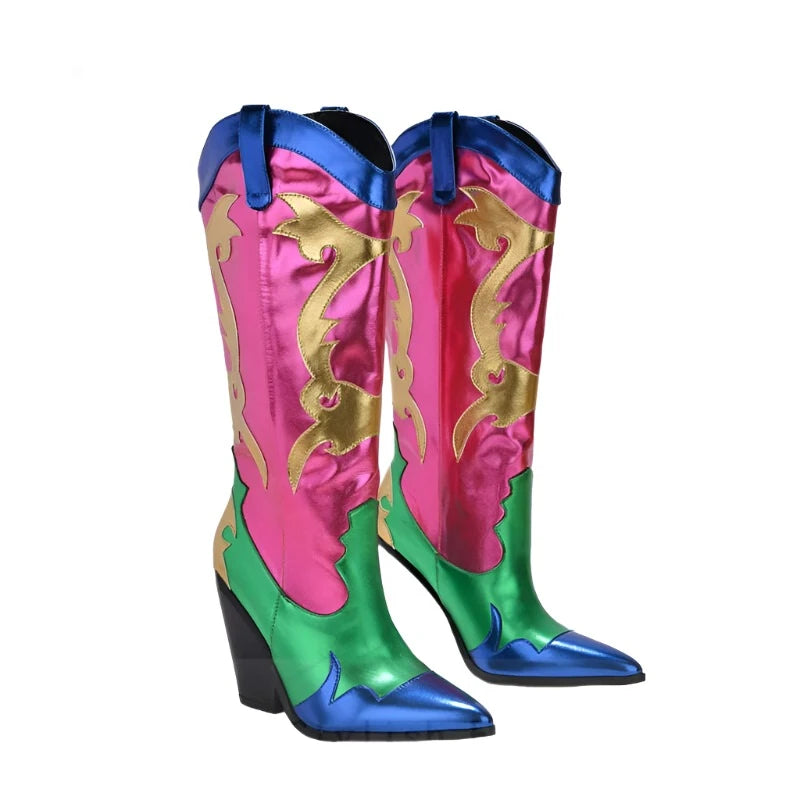 KIMLUD, 2022 Fall Winter Women Patchwork Boots Shiny Metallic Leather Knee High Boots Pointy Toe Western Cowboy Boots Zapatos De Mujer, KIMLUD Womens Clothes