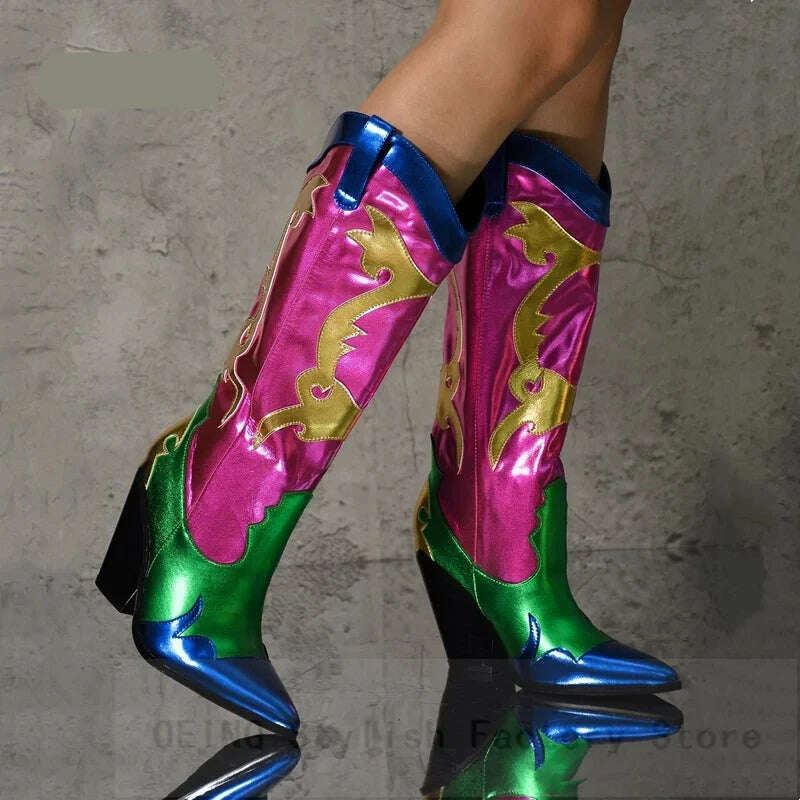 KIMLUD, 2022 Fall Winter Women Patchwork Boots Shiny Metallic Leather Knee High Boots Pointy Toe Western Cowboy Boots Zapatos De Mujer, KIMLUD Womens Clothes