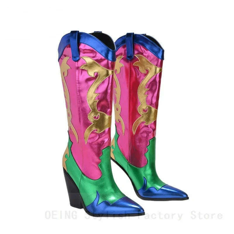 KIMLUD, 2022 Fall Winter Women Patchwork Boots Shiny Metallic Leather Knee High Boots Pointy Toe Western Cowboy Boots Zapatos De Mujer, KIMLUD Womens Clothes