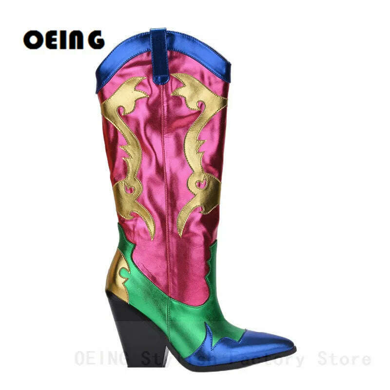 KIMLUD, 2022 Fall Winter Women Patchwork Boots Shiny Metallic Leather Knee High Boots Pointy Toe Western Cowboy Boots Zapatos De Mujer, KIMLUD Womens Clothes
