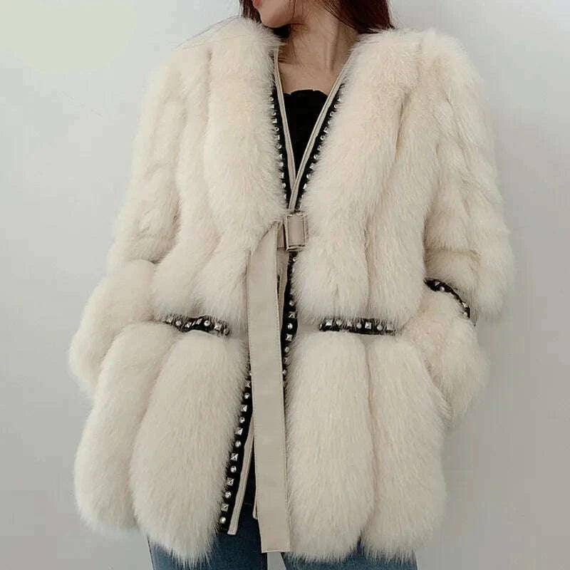 KIMLUD, 2022 Fashion Fox Fur Coat For Women Natural Whole Skin Genuine Fox Fur Jackets Stitching Riveting And Diamonds Silm Overcoats, Creamy-White / S bust 88cm, KIMLUD Womens Clothes