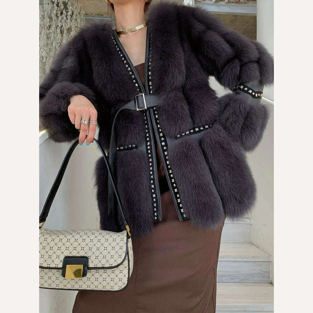 KIMLUD, 2022 Fashion Fox Fur Coat For Women Natural Whole Skin Genuine Fox Fur Jackets Stitching Riveting And Diamonds Silm Overcoats, Iron Gray / S bust 88cm, KIMLUD Womens Clothes