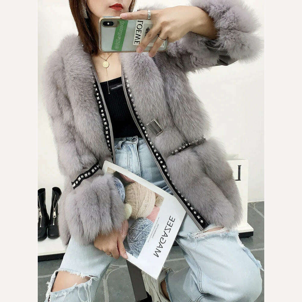 KIMLUD, 2022 Fashion Fox Fur Coat For Women Natural Whole Skin Genuine Fox Fur Jackets Stitching Riveting And Diamonds Silm Overcoats, Light Gray / S bust 88cm, KIMLUD Womens Clothes