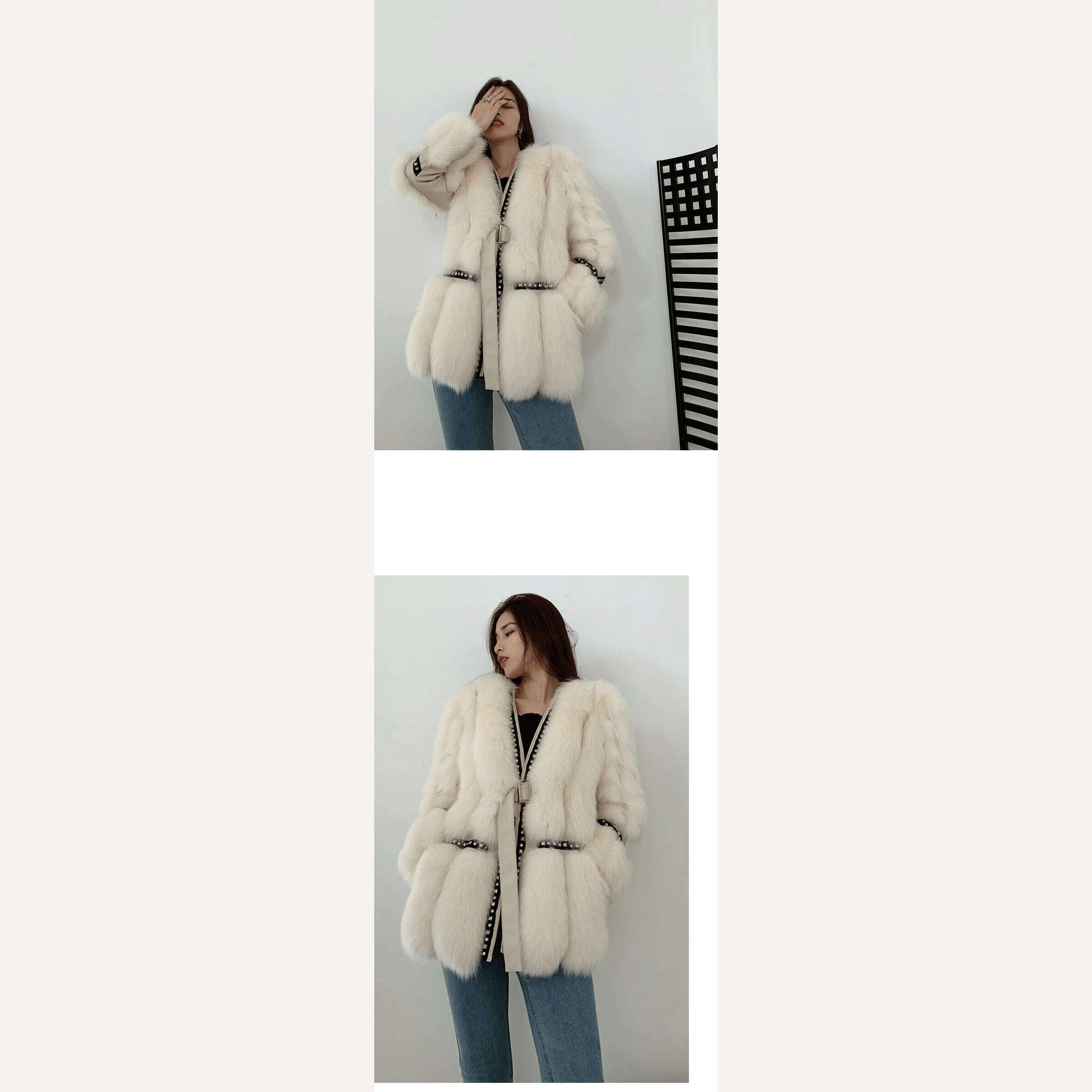KIMLUD, 2022 Fashion Fox Fur Coat For Women Natural Whole Skin Genuine Fox Fur Jackets Stitching Riveting And Diamonds Silm Overcoats, KIMLUD Womens Clothes