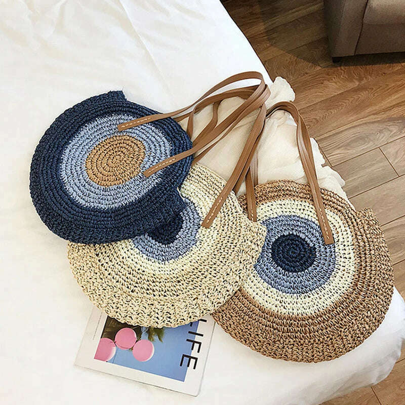 KIMLUD, 2022 Large Capacity Round Zipper Fashionable Straw Woven Bag Handmade Summer Beach Travel Holiday Women Bags, KIMLUD Womens Clothes
