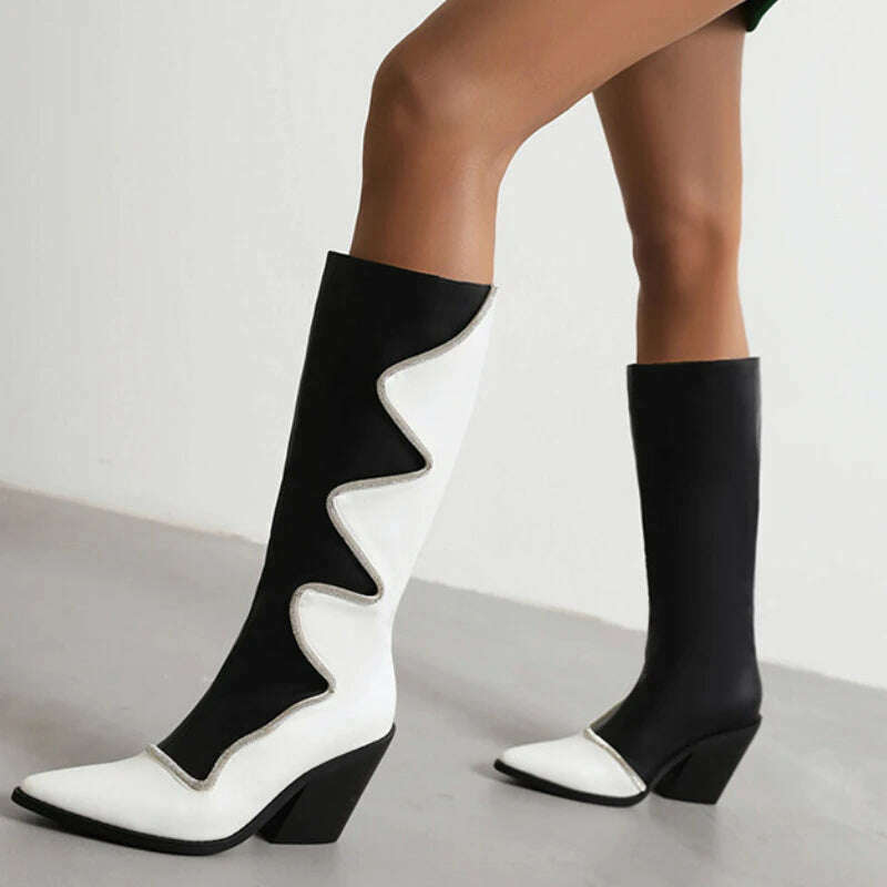 KIMLUD, 2022 Metal Rivet Fashion Leather Women's Boots Black White Butterflies Knee High Chelsea Boots 6-8.5cm High Heels Denim Boots, MD-5636-11-1-Black / 34, KIMLUD Womens Clothes