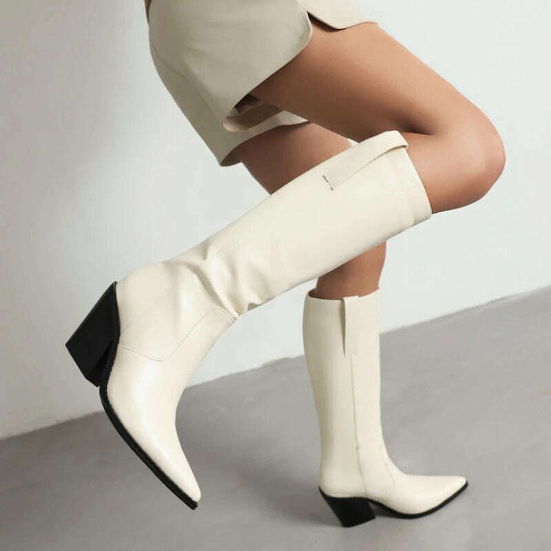 KIMLUD, 2022 Metal Rivet Fashion Leather Women's Boots Black White Butterflies Knee High Chelsea Boots 6-8.5cm High Heels Denim Boots, MD-5636-3-white / 34, KIMLUD Womens Clothes