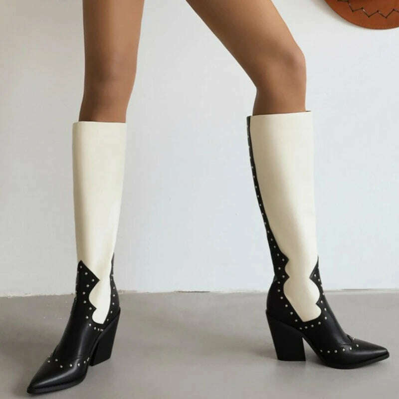 KIMLUD, 2022 Metal Rivet Fashion Leather Women's Boots Black White Butterflies Knee High Chelsea Boots 6-8.5cm High Heels Denim Boots, MD-5636-2-Black / 34, KIMLUD Womens Clothes