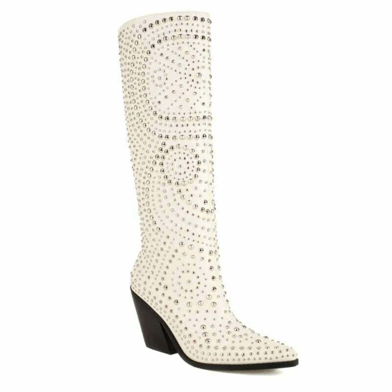 KIMLUD, 2022 Metal Rivet Fashion Leather Women's Boots Black White Butterflies Knee High Chelsea Boots 6-8.5cm High Heels Denim Boots, KIMLUD Womens Clothes