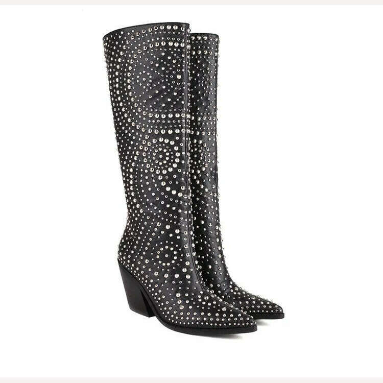 KIMLUD, 2022 Metal Rivet Fashion Leather Women's Boots Black White Butterflies Knee High Chelsea Boots 6-8.5cm High Heels Denim Boots, KIMLUD Womens Clothes
