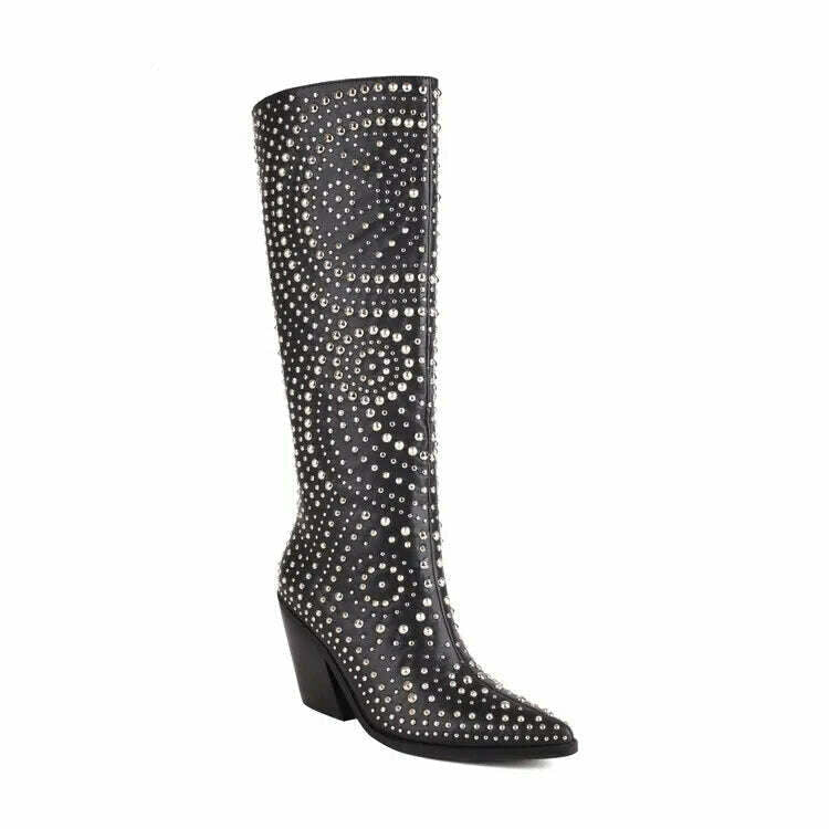 KIMLUD, 2022 Metal Rivet Fashion Leather Women's Boots Black White Butterflies Knee High Chelsea Boots 6-8.5cm High Heels Denim Boots, KIMLUD Womens Clothes